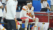 Feb 9, 2025; New Orleans, LA, USA; Kansas City Chiefs quarterback Patrick Mahomes (15) reacts from the sideline in the second half against the Philadelphia Eagles in Super Bowl LIX at Ceasars Superdome. Mandatory Credit: Stephen Lew-Imagn Images