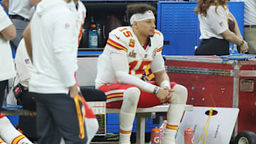 Feb 9, 2025; New Orleans, LA, USA; Kansas City Chiefs quarterback Patrick Mahomes (15) reacts from the sideline in the second half against the Philadelphia Eagles in Super Bowl LIX at Ceasars Superdome. Mandatory Credit: Stephen Lew-Imagn Images