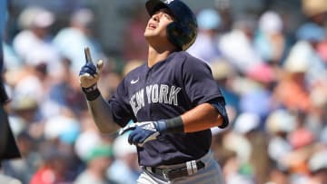 Mar 12, 2023; Fort Myers, Florida, USA;  New York Yankees shortstop Anthony Volpe (77) homers