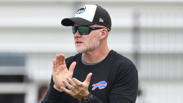 Bills head coach Sean McDermott gets the practice started at training camp.