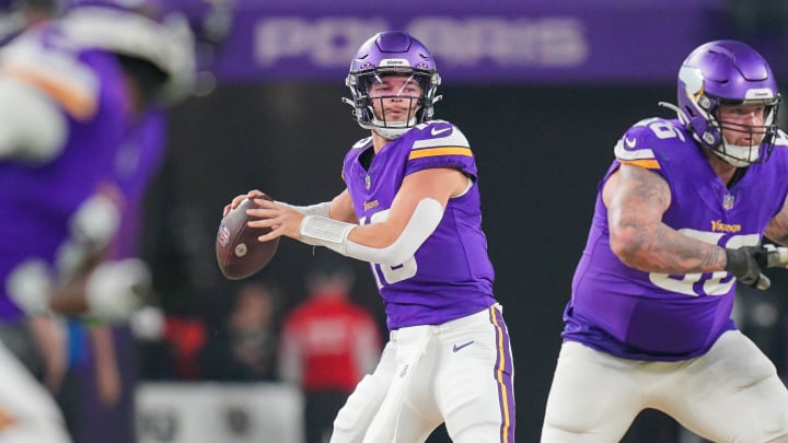 Dec 31, 2023; Minneapolis, Minnesota, USA; Minnesota Vikings quarterback Jaren Hall (16) passes against the Green Bay Packers in the second quarter at U.S. Bank Stadium.