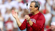 Oct 19, 2024; Norman, Oklahoma, USA;  South Carolina Gamecocks head coach Shane Beamer reacts during the first half against the Oklahoma Sooners at Gaylord Family-Oklahoma Memorial Stadium. Mandatory Credit: Kevin Jairaj-Imagn Images