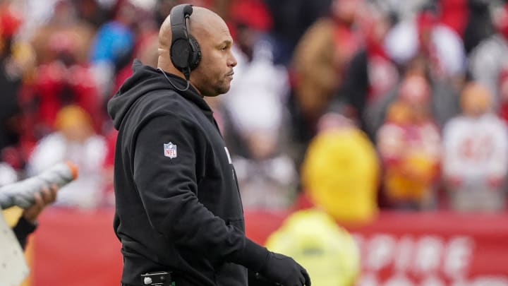 Dec 25, 2023; Kansas City, Missouri, USA; Las Vegas Raiders interim head coach Antonio Pierce watches play against the Kansas City Chiefs during the game at GEHA Field at Arrowhead Stadium. Mandatory Credit: Denny Medley-USA TODAY Sports