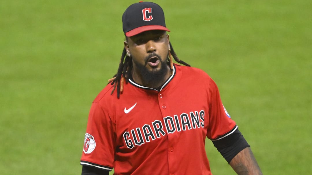 Jul 22, 2025; Cleveland, Ohio, USA; Cleveland Guardians relief pitcher Emmanuel Clase (48) reacts after a win over the Baltimore Orioles at Progressive Field. Mandatory Credit: David Richard-Imagn Images