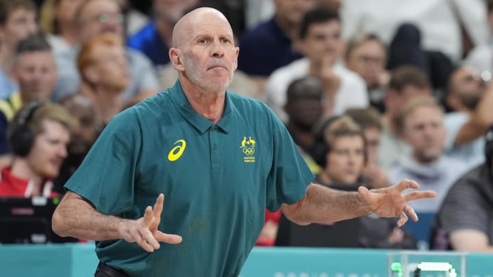 Jul 30, 2024; Villeneuve-d'Ascq, France; Australia coach Brian Goorjian reacts against Canada in a men's group stage basketball match during the Paris 2024 Olympic Summer Games at Stade Pierre-Mauroy.