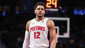 Jan 8, 2025; Brooklyn, New York, USA;  Detroit Pistons forward Tobias Harris (12) at Barclays Center. Mandatory Credit: Wendell Cruz-Imagn Images