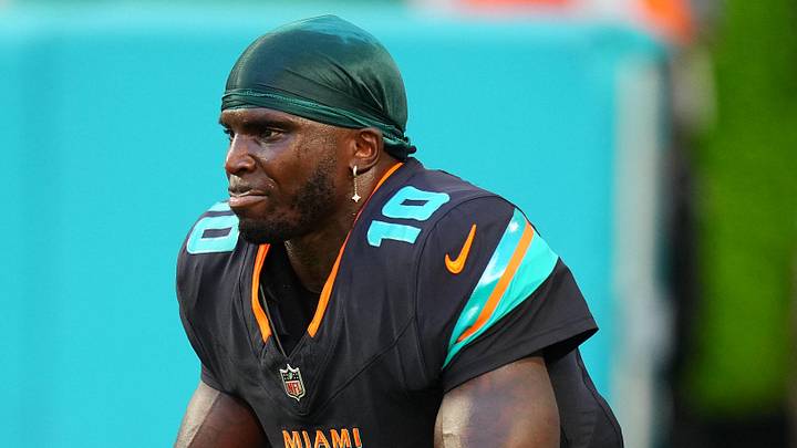 Sep 29, 2025; Miami Gardens, Florida, USA; Miami Dolphins wide receiver Tyreek Hill (10) practices before the game against the New York Jets at Hard Rock Stadium. Mandatory Credit: Rich Storry-Imagn Images