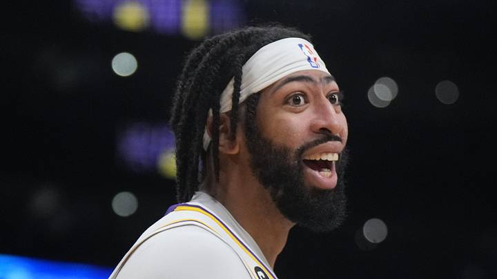 Mar 19, 2023; Los Angeles, California, USA; Los Angeles Lakers forward Anthony Davis (3) reacts against the Orlando Magi in the second half at Crypto.com Arena. Mandatory Credit: Kirby Lee-USA TODAY Sports