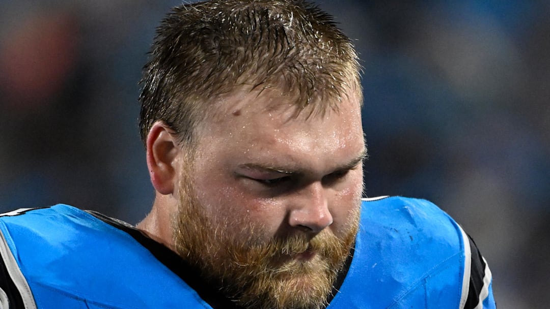 Former Carolina Panthers center Cade Mays (64) on the sidelines in the fourth quarter at Bank of America Stadium