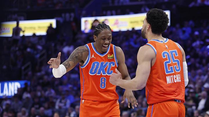 Jan 11, 2026; Oklahoma City, Oklahoma, USA; Oklahoma City Thunder guard/forward Jalen Williams (8) and guard Ajay Mitchell (25) celebrate after scoring against the Miami Heat during the second half at Paycom Center. Mandatory Credit: Alonzo Adams-Imagn Images