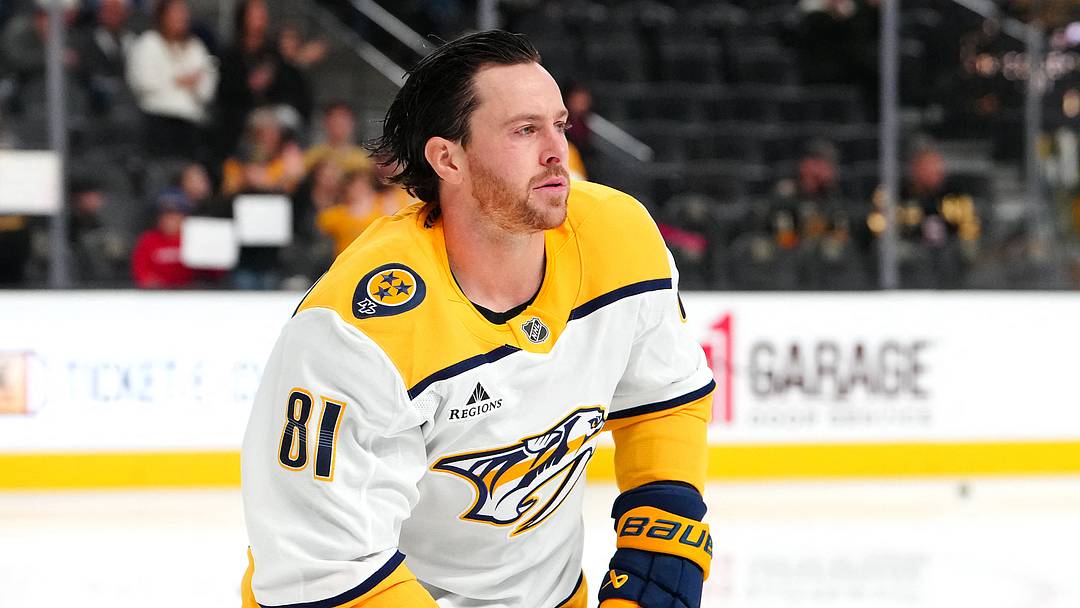 Jan 17, 2026; Las Vegas, Nevada, USA; Nashville Predators center Jonathan Marchessault (81) warms up before a game against the Vegas Golden Knights at T-Mobile Arena. Mandatory Credit: Stephen R. Sylvanie-Imagn Images