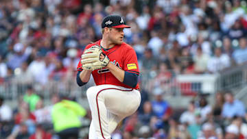 Apr 18, 2025; Cumberland, Georgia, USA; Atlanta Braves pitcher Bryce Elder (55) pitches against the Minnesota Twins during the second inning at Truist Park. Mandatory Credit: Jordan Godfree-Imagn Images