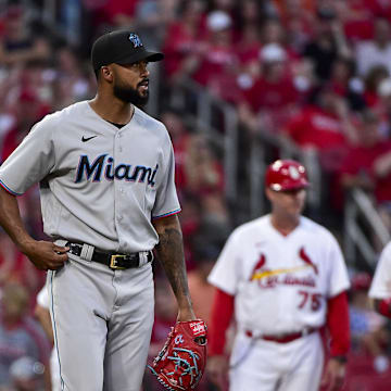 Jun 29, 2022; St. Louis, Missouri, USA;  Miami Marlins starting pitcher Sandy Alcantara (22) walks back to the mound after giving up a triple to St. Louis Cardinals shortstop Edmundo Sosa (63) during the fifth inning at Busch Stadium. Mandatory Credit: Jeff Curry-Imagn Images