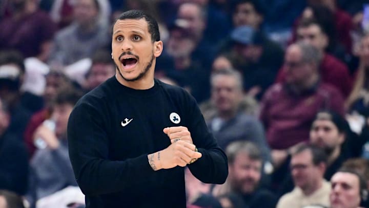 Mar 8, 2026; Cleveland, Ohio, USA; Boston Celtics head coach Joe Mazzulla at Rocket Arena. Mandatory Credit: Ken Blaze-Imagn Images