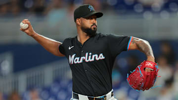 Jul 18, 2025; Miami, Florida, USA; Miami Marlins starting pitcher Sandy Alcantara (22) delivers a pitch against the Kansas City Royals during the first inning at loanDepot Park. Mandatory Credit: Sam Navarro-Imagn Images