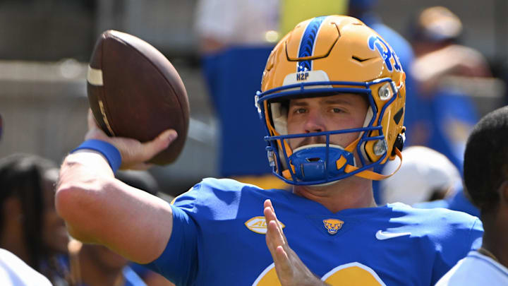 Sep 14, 2024; Pittsburgh, Pennsylvania, USA; Pittsburgh Panthers quarterback Eli Holstein (10) warms up before a game against the West Virginia Mountaineers at Acrisure Stadium. Mandatory Credit: Barry Reeger-Imagn Images