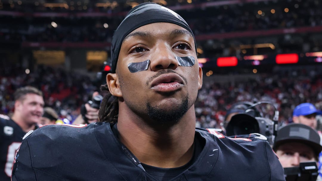 Dec 29, 2025; Atlanta, Georgia, USA; Atlanta Falcons running back Bijan Robinson (7) celebrates after a victory over the Los Angeles Rams at Mercedes-Benz Stadium. Mandatory Credit: Brett Davis-Imagn Images
