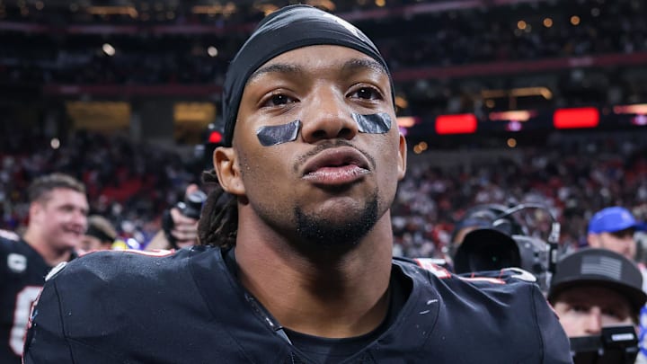 Dec 29, 2025; Atlanta, Georgia, USA; Atlanta Falcons running back Bijan Robinson (7) celebrates after a victory over the Los Angeles Rams at Mercedes-Benz Stadium. Mandatory Credit: Brett Davis-Imagn Images
