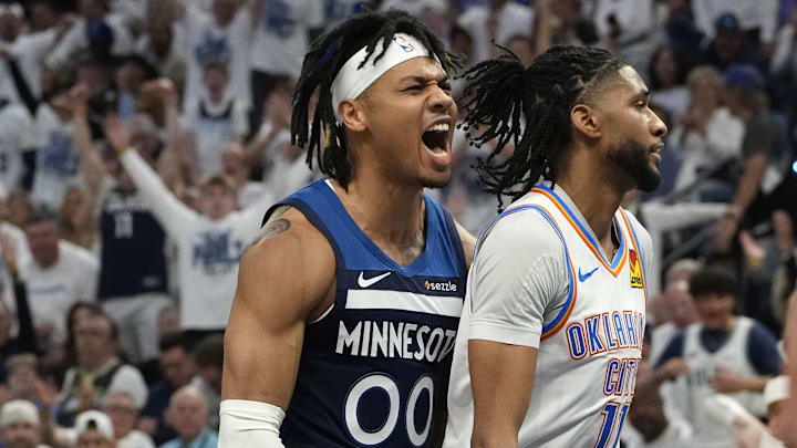 May 24, 2025; Minneapolis, Minnesota, USA; Minnesota Timberwolves guard Terrence Shannon Jr. (00) reacts against the Oklahoma City Thunder during the second half in game three of the western conference finals for the 2025 NBA Playoffs at Target Center. Mandatory Credit: Bruce Kluckhohn-Imagn Images May 24, 2025; Minneapolis, Minnesota, USA; Minnesota Timberwolves guard Terrence Shannon Jr. (00) reacts against the Oklahoma City Thunder during the second half in game three of the western conference finals for the 2025 NBA Playoffs at Target Center. Mandatory Credit: Bruce Kluckhohn-Imagn Images