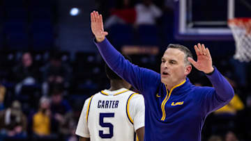 Feb 18, 2025; Baton Rouge, Louisiana, USA;  LSU Tigers head coach Matt McMahon in a time out against the South Carolina Gamecocks during the second half at Pete Maravich Assembly Center. Mandatory Credit: Stephen Lew-Imagn Images