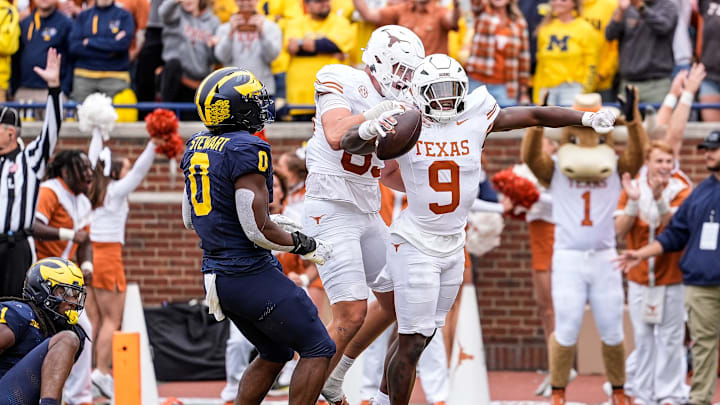 Texas running back Jerrick Gibson (9) celebrates a touchdown against Michigan during the first half at Michigan Stadium in Ann Arbor on Saturday, September 7, 2024.