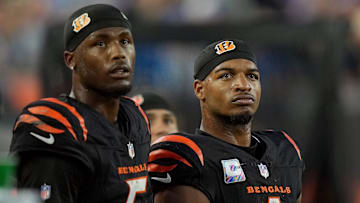 Cincinnati Bengals wide receiver Tee Higgins (5) and wide receiver Ja'Marr Chase (1) watch the score board as their team lose to the Detroit Lions 24-37 at Paycor Stadium on October 5, 2025.