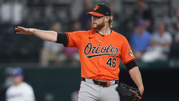 Jul 20, 2024; Arlington, Texas, USA; Baltimore Orioles pitcher Craig Kimbrel (46) points to second base in the ninth inning against the Texas Rangers at Globe Life Field. 