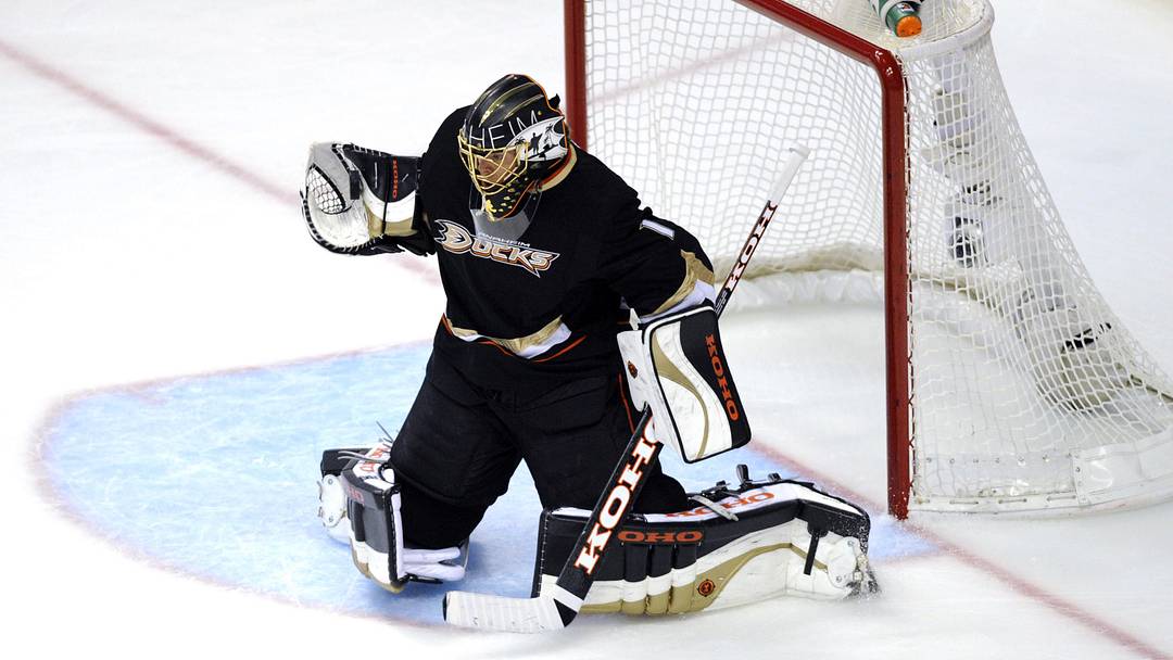 May 12, 2013; Anaheim, CA, USA; Anaheim Ducks goalie Jonas Hiller (1) blocks a shot against the Detroit Red Wings during the second period in game seven of the first round of the 2013 Stanley Cup Playoffs at the Honda Center. Mandatory Credit: Kelvin Kuo-Imagn Images