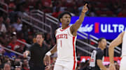 Oct 6, 2025; Houston, Texas, USA; Houston Rockets guard Amen Thompson (1) reacts after a play during the second quarter against the Atlanta Hawks at Toyota Center. 