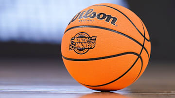 A March Madness basketball sits on the court during a timeout Friday, March 29, 2024, during the midwest regional semifinals at the Little Caesars Arena in Detroit. The Purdue Boilermakers defeated the Gonzaga Bulldogs.