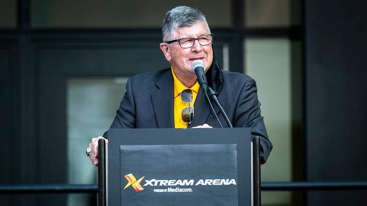Gary Dolphin emcees a ribbon cutting event, Thursday, Sept. 17, 2020, at the Xtream Arena in Coralville, Iowa.

200917 Xtream Arena 013 Jpg