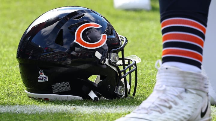 Oct 15, 2023; Chicago, Illinois, USA; A detailed view of the Chicago Bears helmet before the game against the Minnesota Vikings at Soldier Field. Mandatory Credit: Mike Dinovo-USA TODAY Sports