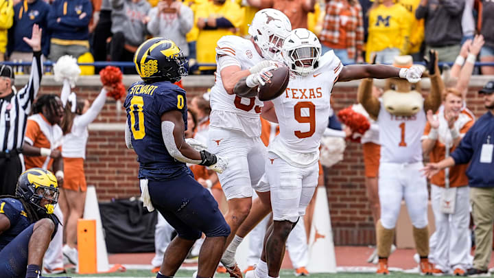 Texas running back Jerrick Gibson (9) celebrates a touchdown against Michigan during the first half at Michigan Stadium in Ann Arbor on Saturday, September 7, 2024.