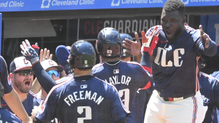 Jul 7, 2024; Cleveland, Ohio, USA; The Cleveland Guardians celebrate a three-run, pinch-hit home run by catcher Bo Naylor (23) in the sixth inning against the San Francisco Giants at Progressive Field.