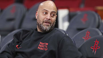 Houston Rockets general manager Rafael Stone talks before the game against the Denver Nuggets at Toyota Center. Mandatory Credit: Troy Taormina-Imagn Images