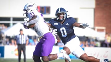 Linebacker Marques Watson-Trent moves in on a tackle of RB Percy Agyel-Obese of James Madison. Watson-Trent had one solo tackle and five assists.