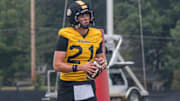 Aug 6, 2025; Columbia, MO, USA; Missouri Tigers quarterback Sam Horn (21) prepares for a drill during fall camp at Mizzou Athletics Training Complex.