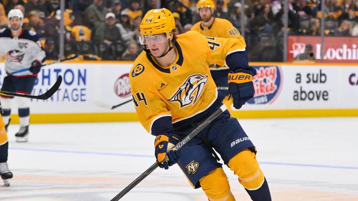 Oct 9, 2025; Nashville, Tennessee, USA; Nashville Predators center Brady Martin (44) skates with the puck against the Columbus Blue Jackets during the second period at Bridgestone Arena. Mandatory Credit: Steve Roberts-Imagn Images