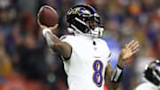 Nov 16, 2025; Cleveland, Ohio, USA; Baltimore Ravens quarterback Lamar Jackson (8) throws downfield during the second quarter against the Cleveland Browns at Huntington Bank Field. Mandatory Credit: Scott Galvin-Imagn Images