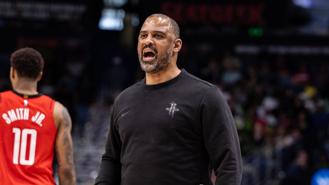 Mar 29, 2026; New Orleans, Louisiana, USA;  Houston Rockets Head Coach Ime Udoka yells against the New Orleans Pelicans during the first half at Smoothie King Center. Mandatory Credit: Stephen Lew-Imagn Images