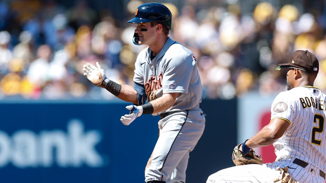 Detroit Tigers third baseman Kevin McGonigle celebrates after hitting a double. 