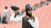 Dec 7, 2025; Cleveland, Ohio, USA; Cleveland Browns quarterback Shedeur Sanders (12) warms up before the game against the Tennessee Titans at Huntington Bank Field. Mandatory Credit: Ken Blaze-Imagn Images