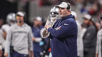 Nov 3, 2024; Atlanta, Georgia, USA; Dallas Cowboys head coach Mike McCarthy on the sideline against the Atlanta Falcons during the second half at Mercedes-Benz Stadium. Mandatory Credit: Dale Zanine-Imagn Images