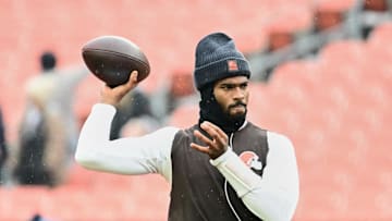 Dec 7, 2025; Cleveland, Ohio, USA; Cleveland Browns quarterback Shedeur Sanders (12) warms up before the game against the Tennessee Titans at Huntington Bank Field. Mandatory Credit: Ken Blaze-Imagn Images