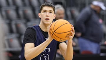 Mar 26, 2025; Newark, NJ, USA; Brigham Young Cougars guard Egor Demin (3) warms up during a practice session in preparation for an East Regional semifinal game against the Alabama Crimson Tide at Prudential Center. Mandatory Credit: Vincent Carchietta-Imagn Images
