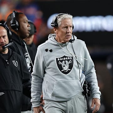 Nov 6, 2025; Denver, Colorado, USA; Las Vegas Raiders head coach Pete Carroll during the first half at Empower Field at Mile High. Mandatory Credit: Isaiah J. Downing-Imagn Images