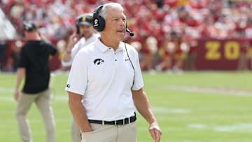 Sep 6, 2025; Ames, Iowa, USA; Iowa Hawkeyes head coach Kirk Ferentz looks on against the Iowa State Cyclones during the second half at Jack Trice Stadium. Mandatory Credit: Reese Strickland-Imagn Images