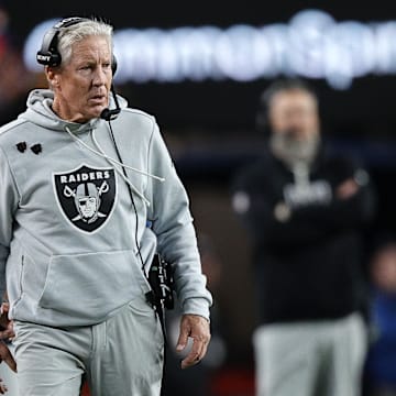 Nov 6, 2025; Denver, Colorado, USA; Las Vegas Raiders head coach Pete Carroll during the first half at Empower Field at Mile High. Mandatory Credit: Isaiah J. Downing-Imagn Images