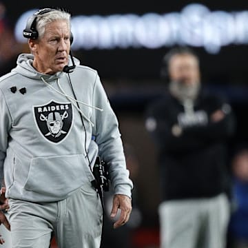 Nov 6, 2025; Denver, Colorado, USA; Las Vegas Raiders head coach Pete Carroll during the first half at Empower Field at Mile High. Mandatory Credit: Isaiah J. Downing-Imagn Images