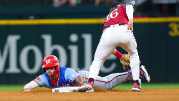 Jul 13, 2024; Arlington, TX, USA;  National League Future outfielder Dylan Crews (3) steals second base ahead of the tag by American League Future infielder Luke Keaschall (16) during the fifth inning during the Major League All-Star Futures game at Globe Life Field. 